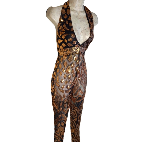 Gold and Black  Mesh Sequin Halter Jumpsuit Size Small - Picture 3 of 7